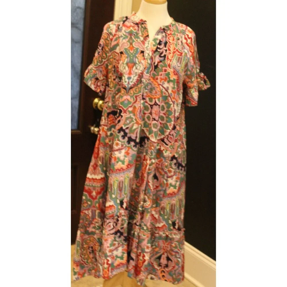 Anthropologie Flowy Peasant Colorful Maxi Dress Size Petite Extra Small - Picture 1 of 9